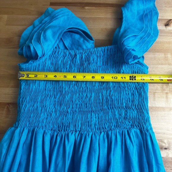 Mille Resort Mini Dress Smocked Turquoise Blue Linen Dress Ruffle Sleeves Size S - Picture 13 of 14